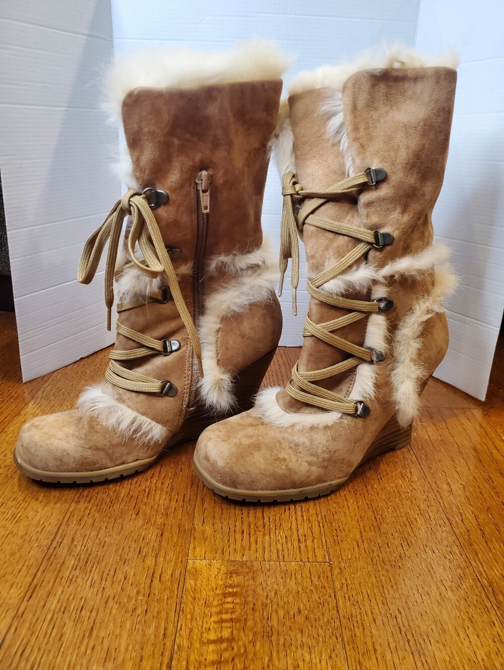 Bakers Women’s Faux Fur Trim Suede Tan Wedge Boots - Sz 7B